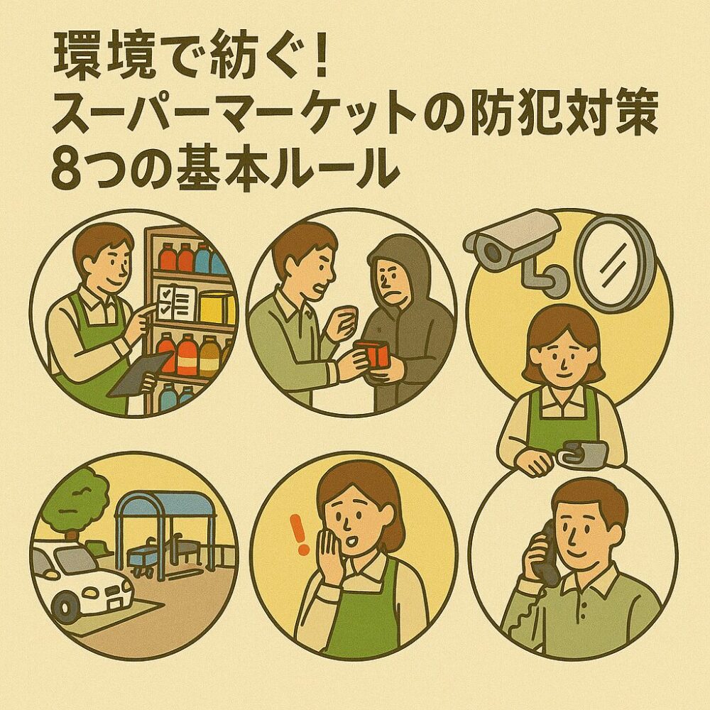 万引き、不審者対応、防犯機器、レジ管理など、8つの防犯要素を円形アイコンでまとめた図解。