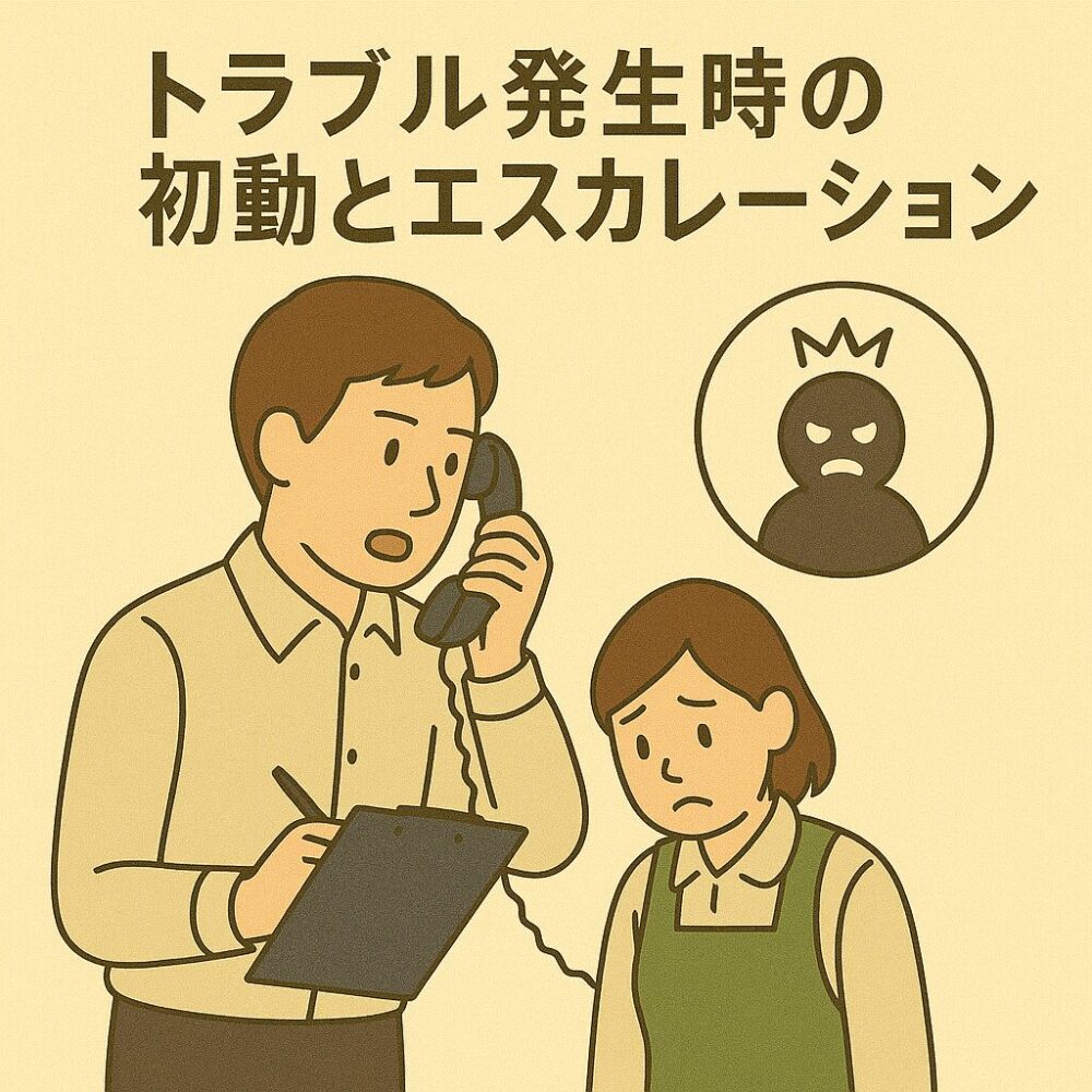 トラブル発生時に電話で連絡を取りつつ、部下をフォローする管理者の対応シーン。