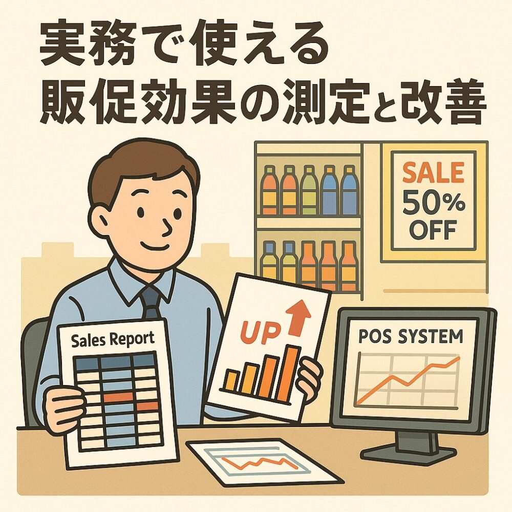 販促データを分析するスーパーマーケットの店長。売上表やグラフを見ながら考察している様子を描いたメインビジュアル。