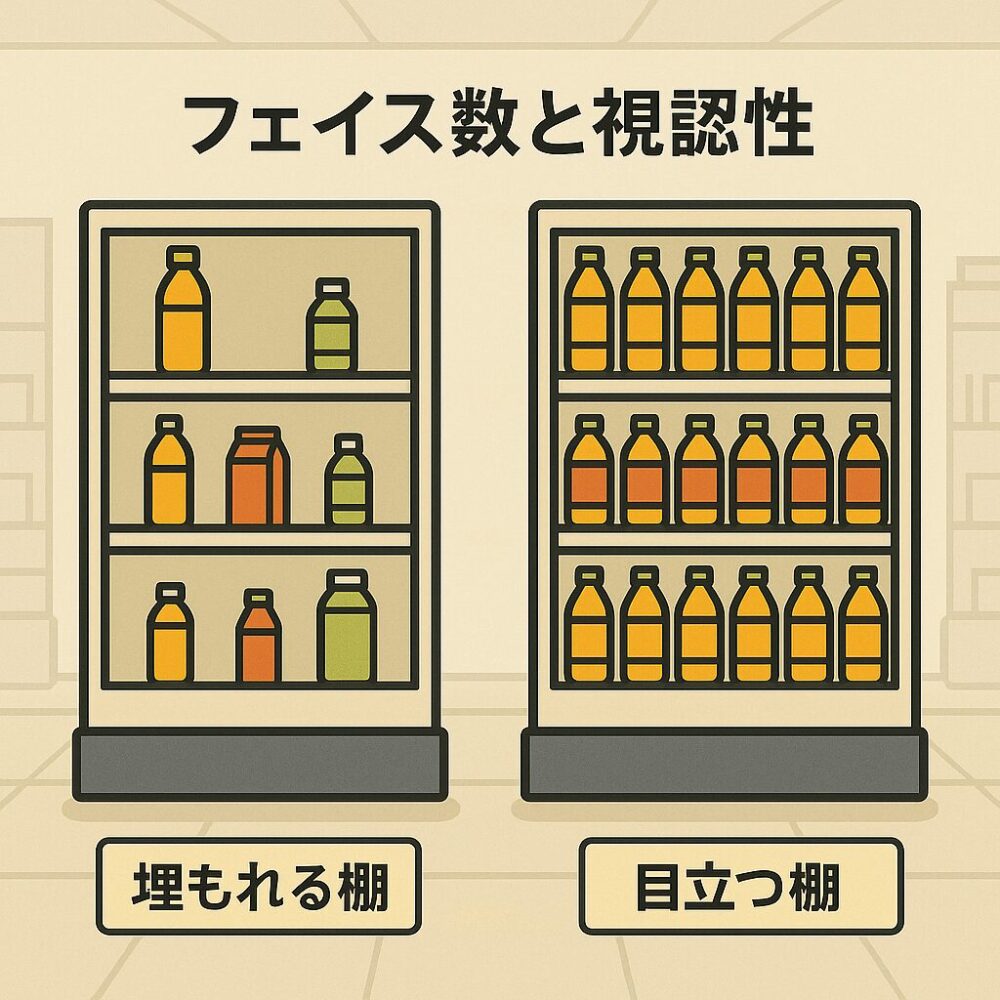 フェイス数の違いによって、同じ商品でも目立ち方や売れ筋感が変わる様子を比較。