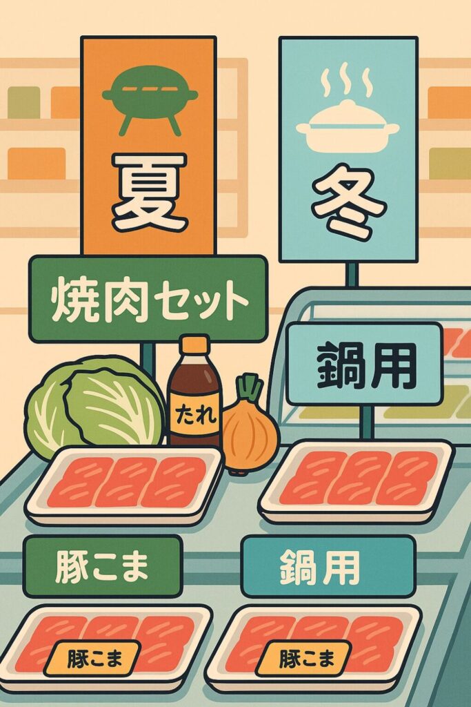 クロスMDの売場(精肉+野菜+調味料)と季節演出(BBQ・鍋コーナーなど)をひとつの売場内で展開している構成