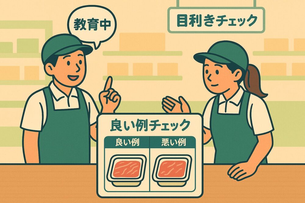 ベテランが新人に指導している場面+劣化肉と新鮮肉の違いを比較したイメージ(色・ぬめり・ドリップ等)