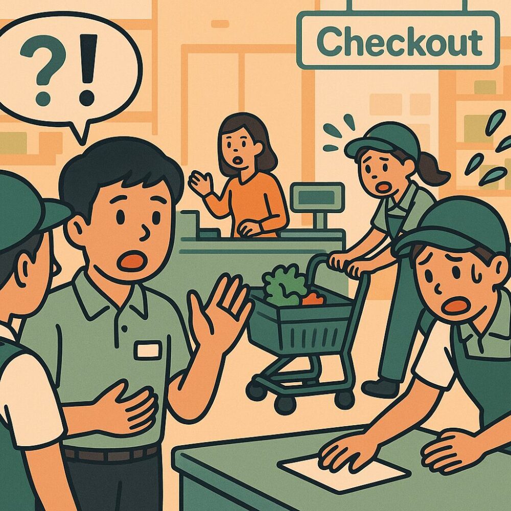 スタートラインでの採用判断の重み	スーパーマーケットの忙しい売場で、新人スタッフが困惑し、既存スタッフが対応に追われている様子。採用ミスによる混乱を表現した1枚。