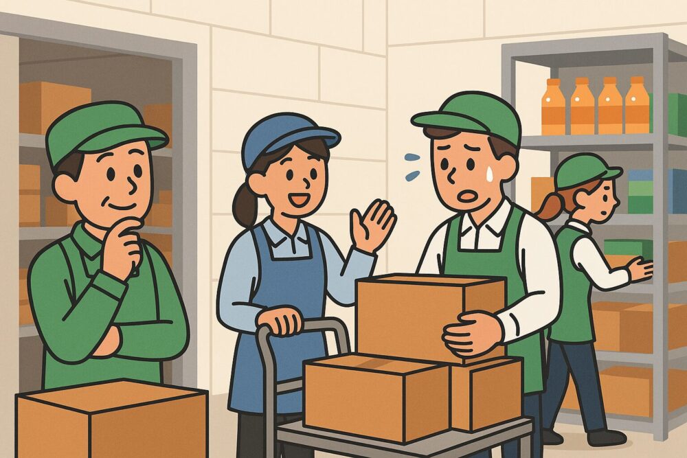 店のバックヤードで常勤スタッフが忙しく働いている中、派遣スタッフが加わり笑顔で声をかけている。店長がほっとした表情で見守っており、現場の連携が描かれている。