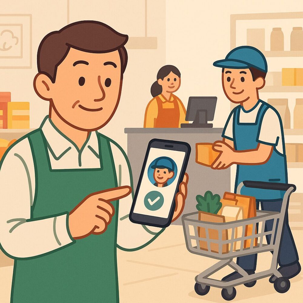 店長がスマホの画面でバイトのマッチングアプリを確認しており、すぐそばで若いスタッフが実際に作業している。レジや商品棚も背景にあり、スムーズな即戦力活用の流れを表現。