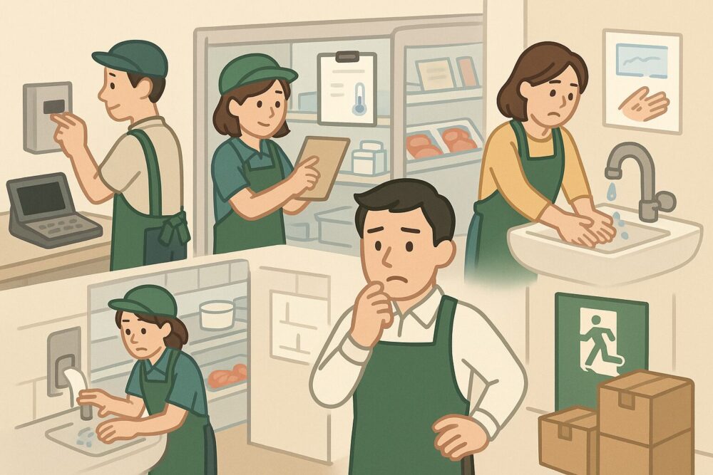 レジでクレジットカードを他人に使わせてしまっている様子。背景には混雑したレジ列と焦る表情のスタッフ。