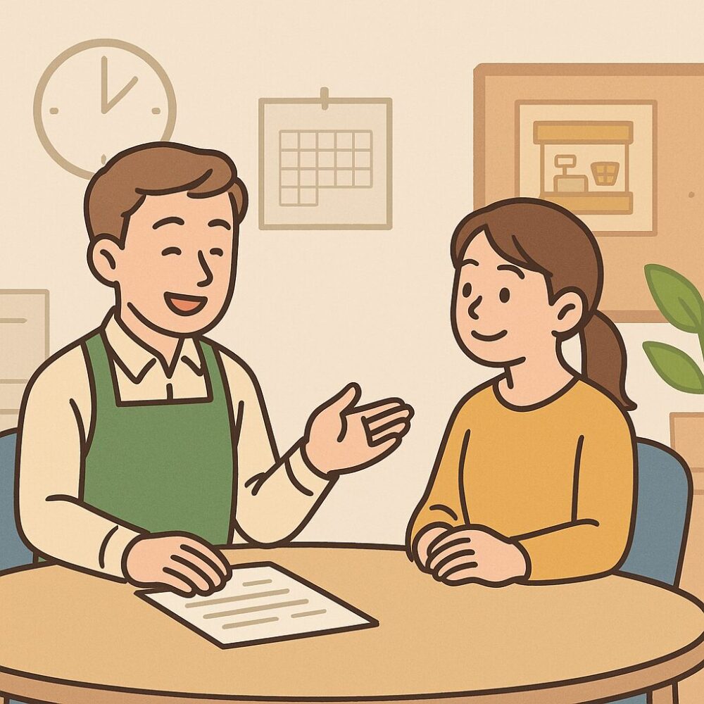 店長と応募者がテーブルを挟んで面談している。店長は丁寧に説明し、応募者は笑顔でうなずいており、リラックスした雰囲気で対話が進んでいる様子。