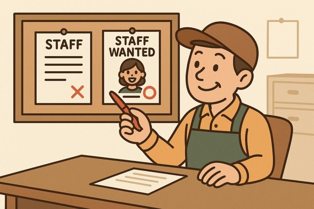 店長が2種類の求人チラシ(NG例とOK例)を見比べて赤ペンでチェックしている。NG例は文字だけ、OK例はイラスト付きで親しみやすいデザイン。店長が笑顔でOK例を指さしている。