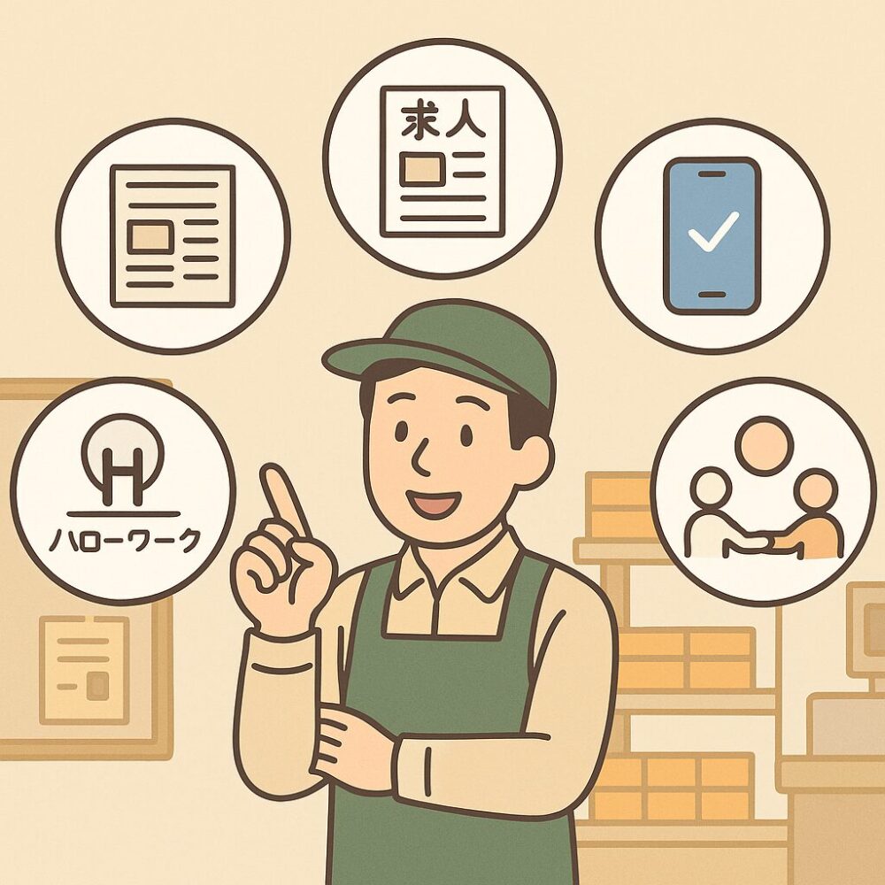 店長がいくつかの求人媒体(店頭POP、地域紙、ハローワーク、スマホアプリ、紹介)を指さしながら比較している。背景には商品棚が描かれ、店内での意思決定の様子を表している。