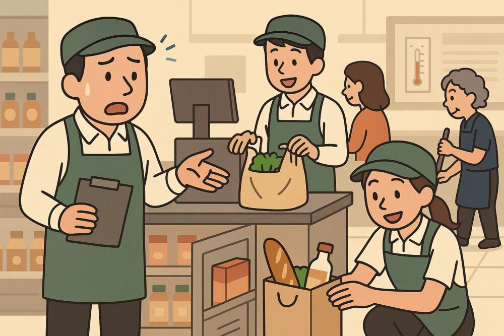 バックヤードでスマホを触っている若手スタッフに、先輩が注意している場面。周囲には勤務中の張り紙。