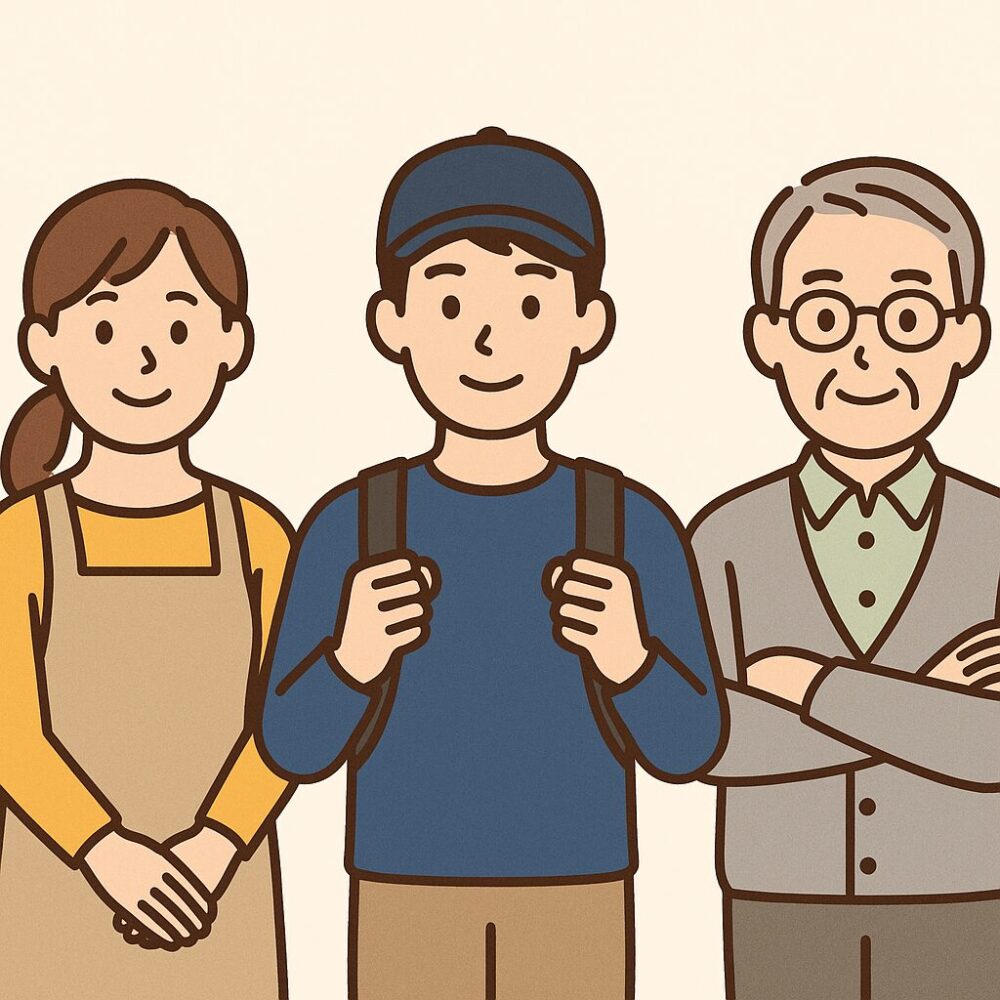主婦、学生、シニアの3人が横に並んで立ち、にこやかに正面を向いている。年齢や立場の違いを表す衣装で、属性の違いが視覚的にわかる構成。